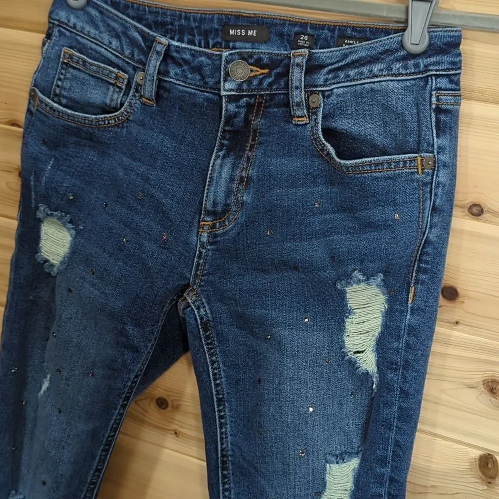 Miss Me Womens Jeans 26 Blue‎ Ankle Skinny Distressed Tiny Gems Embellished